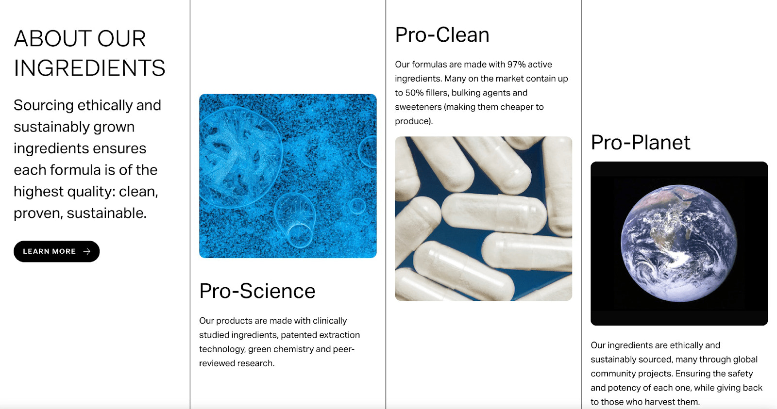 Screenshot of The Nue Co. website showing off what's special about its pro-science, pro-clean, pro-planet supplements.