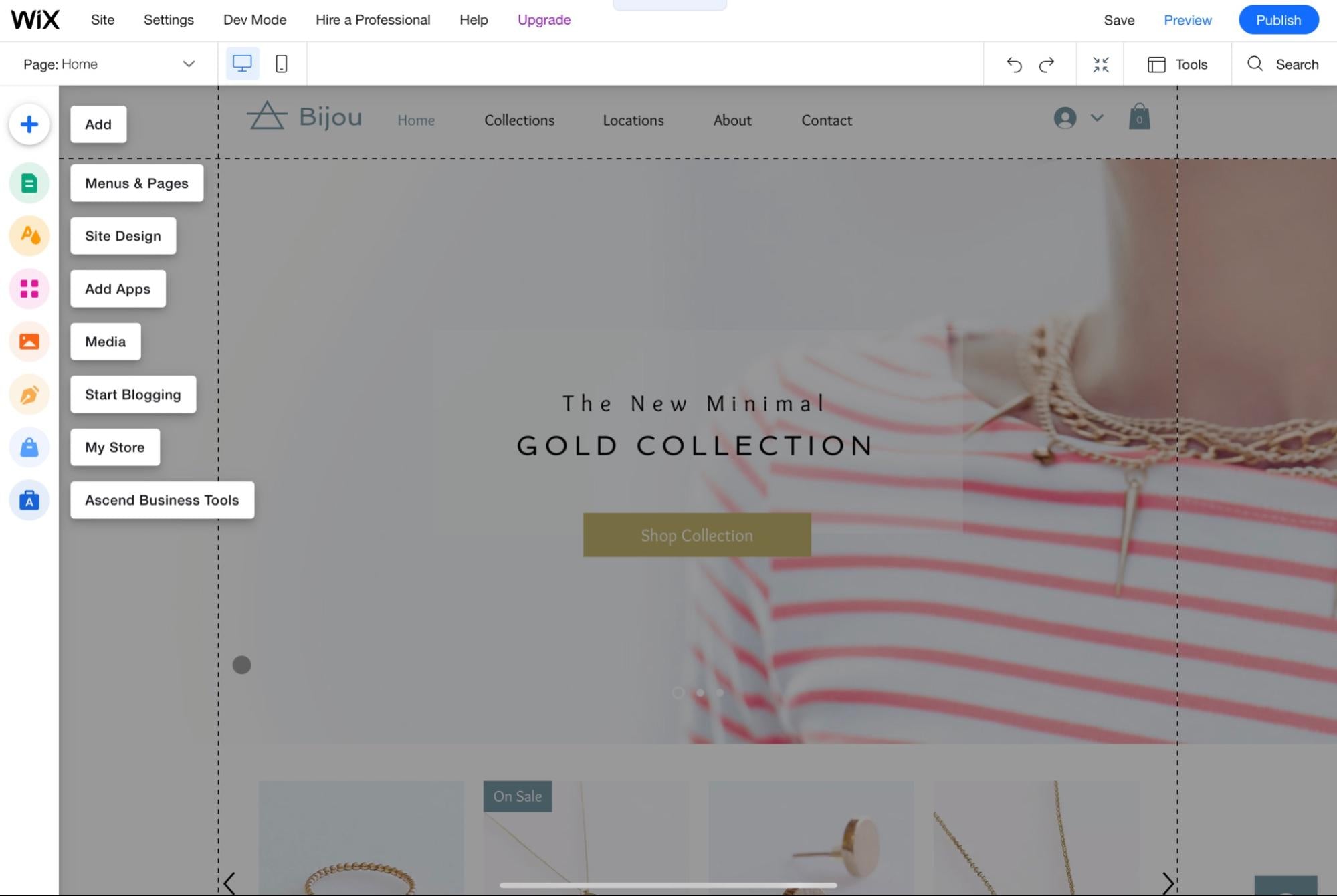 The Wix website building showing feature widgets and a jewelry business homepage