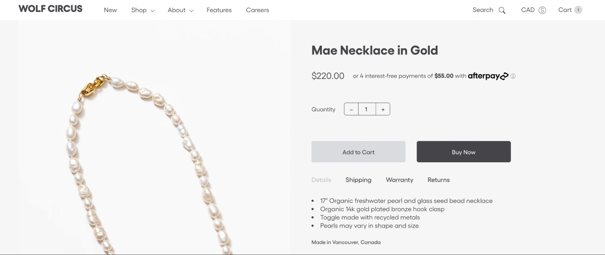 Gold necklace product page showing how a $220 product can be paid for in four installments of $55 using AfterPay.