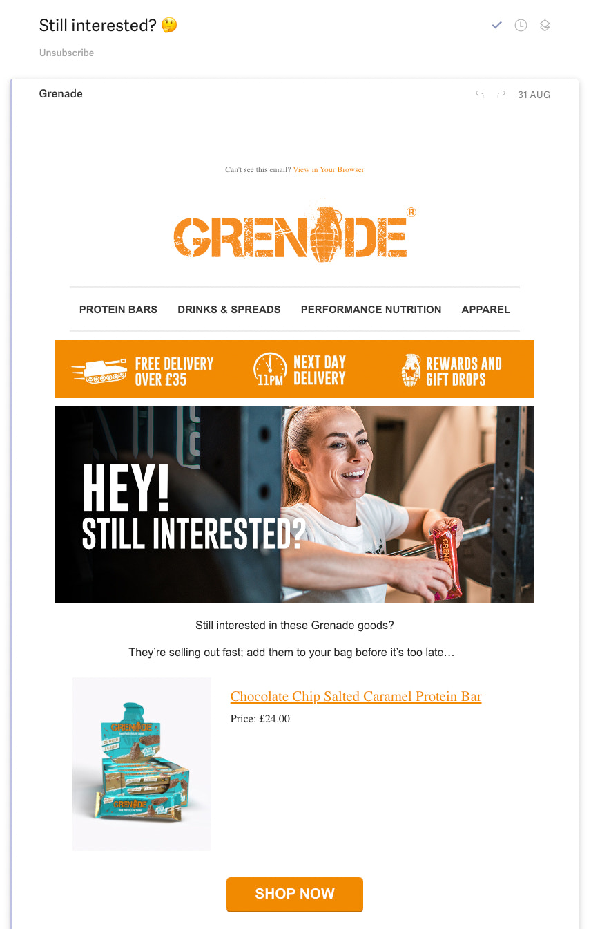 Email campaign from Grenade showing salted caramel protein bars with a “shop now” button.