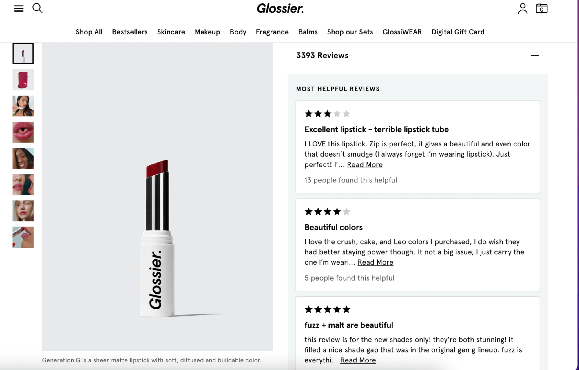Product page for Glossier’s lipstick showcasing 3,393 customer reviews.
